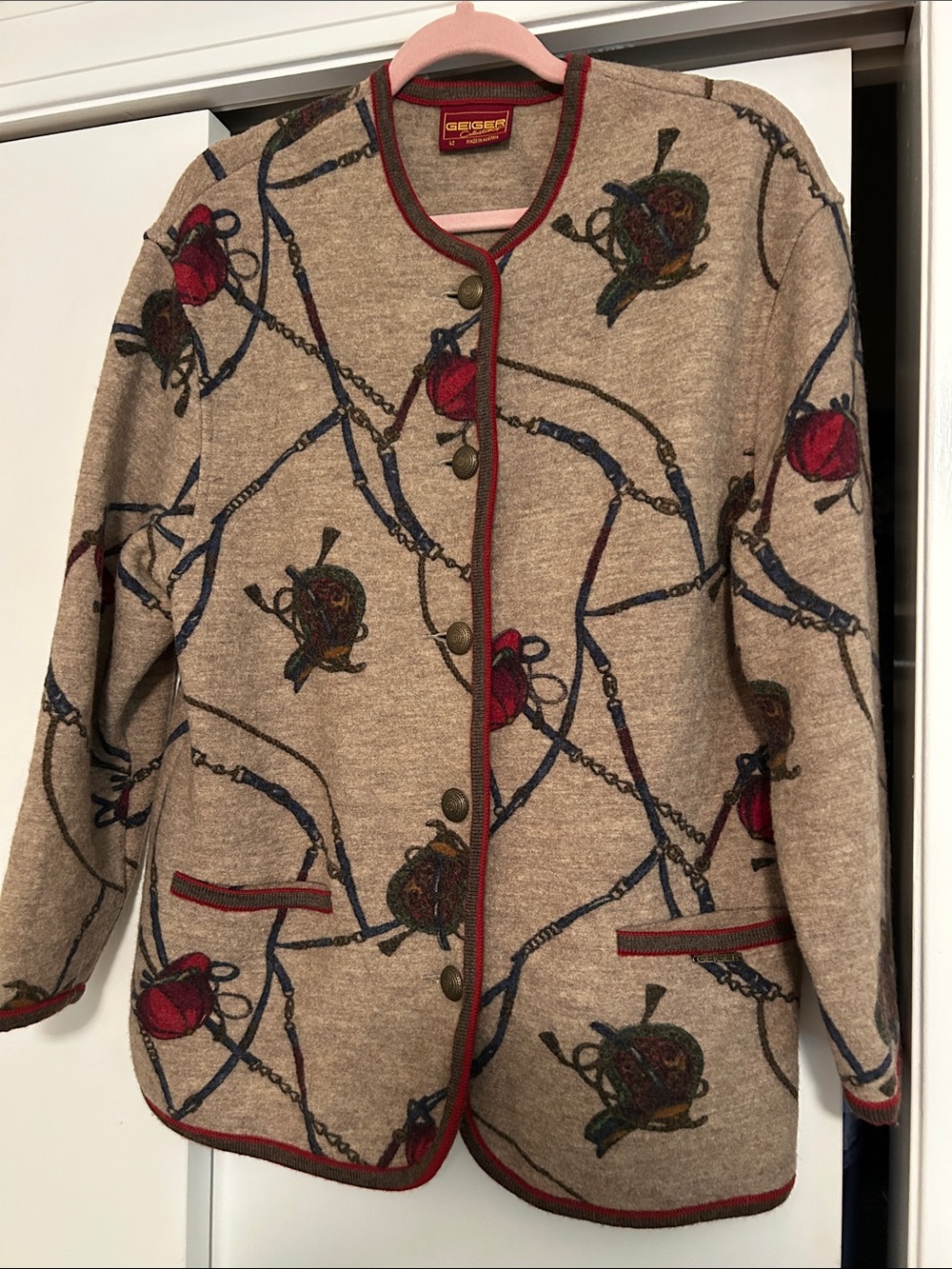 Beige Boiled wool warm Jacket with Red Trim and Equestrian Print
